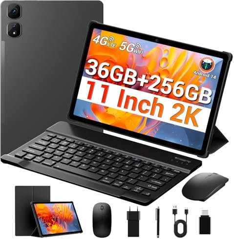 MAXLEGEN Tablet 11 Pulgadas, Pantalla 2K FHD, 36GB RAM+256GB ROM/1TB TF, 4G LTE SIM+5G WiFi, Android 14 Octa-Core 2.0GHz Tableta, 8MP+13MP/GPS/9580mAh, Tablet con Teclado/Ratón/Funda/Auricular/Lapiz