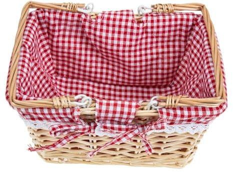KONTONTY Panier De Rangement en Rotin Tissé en Forme De Paniers en Osier en Osier avec Anse Grand en Corbeille Rose en Rotin avec Anse Rouge Chiffon