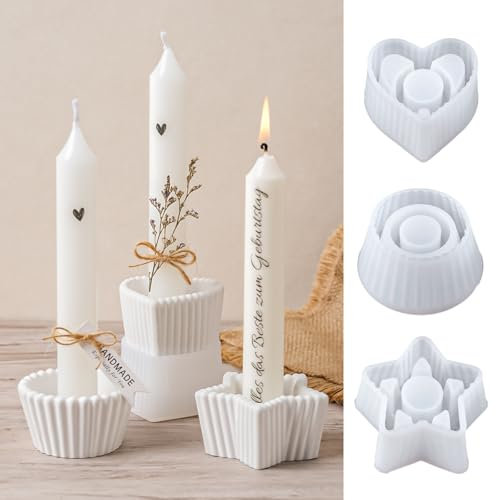 YODOYO Stampo in silicone per candele, 3 stampi in silicone, portacandele, pentagramma, rotondo, a forma di cuore, per cemento, gesso, candele, decorazioni natalizie fai da te