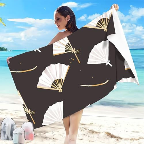 MEOSUEWI Microfiber Beach Towel 80 x 160 cm White Oversized Quick Dry Sand Free Soft Compact Lightweight Qualities, Summer Beach Towels for Adults Ldeal for Swicming Yoga Camping Gym Shawl Fan C-9
