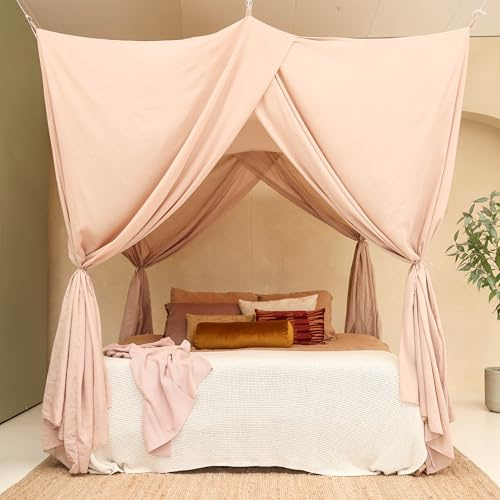 Nougat Betthimmel für Doppelbett | Rechteckiges Luxuriöses Moskitonetz | Dekorativer Baldachin für Bett XXL | Himmelbett Vorhänge, 4 Öffnungen