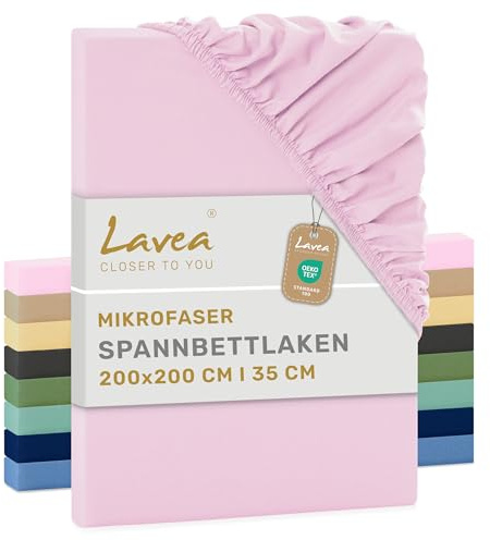 Lavea® 1er Set Spannbettlaken 200x200 cm - Rosa | Mikrofaser, Bettlaken mit Rundumgummi, für Matratzen bis 20 cm, atmungsaktiv und kühlend, pflegeleicht, Spannbetttücher