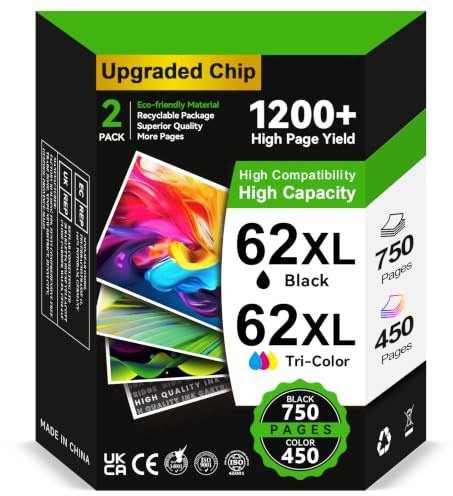 INKYEAH 62XL Schwarz und Farbe | 750/450+ Seiten, Kompatible für Original HP 62 Druckerpatronen 62 Kombi, Druckerpatrone 62 XL für HP OfficeJet 250 200 5742 5740 Envy 7640 5540 5640 5544 5646 5548