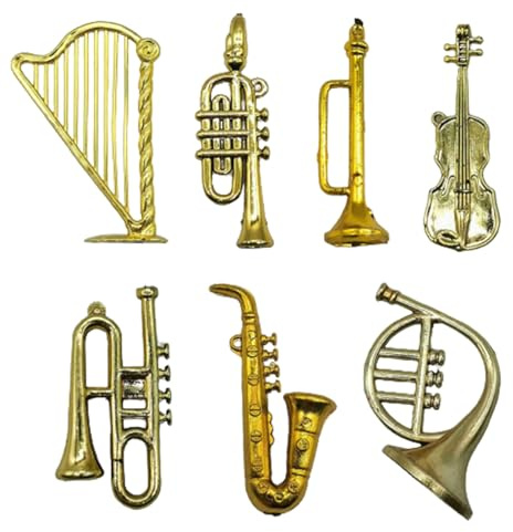 Licsaliwe Miniatur-Musikinstrumente, 7-teiliges Saxophon und Violine aus goldenem Kunststoff für Puppenhaus und Weihnachtsbaum