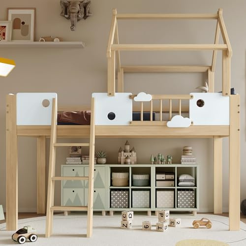 BXEYXE Hochbett, Kinderbett mit Fallschutz und Gitter, Einzigartiges Dachdesign, Mit Dreistufige Schrägleiter, Rahmen aus Kiefer, Kiefer+MDF+Sperrholz, Weiß+Natur, 90x200cm