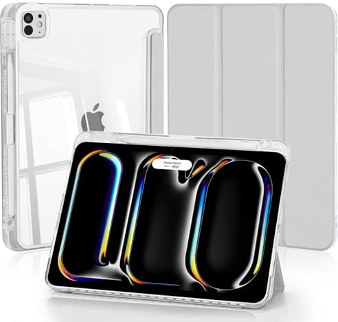 4UBonLife Hülle für iPad Pro 11 Zoll M5/M4 (2025/2024) mit Stifthalter, Klar Transparent Harte Rückschale Schutzhülle, Dünn Ständer Stoßfest Tablet Case, Hellgrau