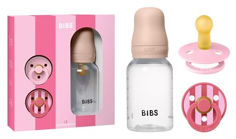BIBS Baby-Geschenkset, 0-6 Monate, Flasche & 2 Schnuller, Blush | 150-ml-Flasche | 2 Colour Schnuller | Neugeborenen-Essentials | Geschenkfertiges Set | Hergestellt in Dänemark