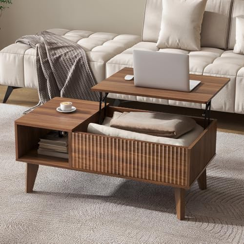 LYNCOHOME Lift Top Coffee Table with Storage,Coffee Tables with Drawers,Center Table with Hidden Compartment,Wooden Coffee Tables for Living Room, Home Office,Walnut