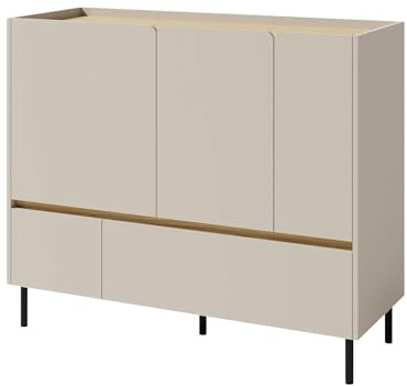 Mirjan24 Kommode Lonitz LZ08, Sideboard grifflos mit 2 Schubladen & 3 Türen, kompakte Anrichte auf schwarzen Metallfüßen, Schrank für Jugendzimmer (Sandbeige + Geölte Eiche)