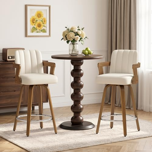 WOOW DEPOT Barhocker 2er Set, drehbar, 65 cm Sitzhöhe, mit Armlehne, gepolstert aus PU-Leder, Gebogene Massivholzbeine, Küchenhocker im Mid-Century Design für Insel & Theke (Weiß, 2 Stück)