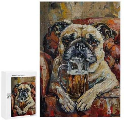 300 PCS Puzzle For Teenagers Chill Pug with Beer Mug Adult Jigsaw Puzzles Stress Reliever Challenging To Complete Birthday And Unique Gifts 300 PCS