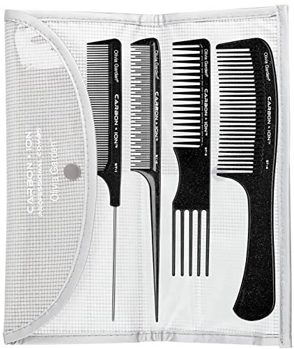 Olivia Garden Carbon + Ion Trousse de 4 Peignes Techniques, Peigne en Carbone de Haute Qualité pour une Coupe de Précision et Colorations, Technologie Ionique