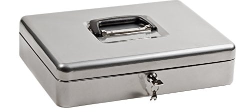 1 ProfiOffice Geldkassette aus Stahl | abschließbar | Münzgeld-Einsatz herausnehmbar | 37 x 28 x 9 cm | Kasse mit 2 Schlüsseln | geeignet als Spardose, Tresor, Trinkgeldkasse | Silber (10001)