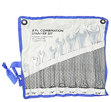 Dapetz ® 8pc Imperial Hardened Satin Finish Chrome Vanadium Steel Combination Ring and Open End Wrench Spanner Set Workshop 1/8- 9/16 in Storage Wallet