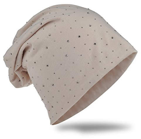 Miobo Jersey Slouch Beanie Long Mütze mit edler Strass Nieten Applikation Unisex Unifarbe Herren Damen Trend,Beige