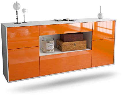 Dekati Sideboard Visalia hängend (180x77x35cm) Korpus Weiss matt - Front Hochglanz Orange - Push to Open - Leichtlaufschienen