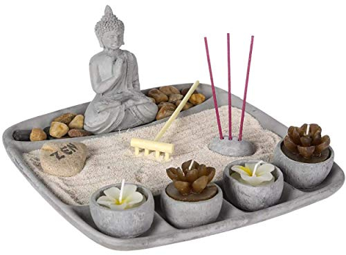Hogar y Mas Jardín Zen con Buda de Cemento con 4 Velas, Decoración Zen, 23x23x12cm