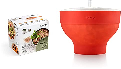 Lékué Recipiente para cocinar Quinoa, Arroces y Cereales, 1 Litro + Recipiente para cocinar Palomitas, Rojo, 20 cm