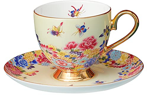 fanquare Ensemble Tasse à Café et Sucoupe avec Cuillère, Motif Papillon Fleur en Porcelaine, Tasse à Thé en Fine Bone China, Cadeaux d'anniversaire Uniques, Jaune