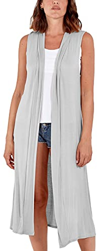 STAR FASHION Woman’s Open Front Sleeveless Maxi Long Length Boyfriend Cardigan Ladies Plain Blazer Waistcoat Floaty Top Duster Jacket UK 20-22 Light Grey