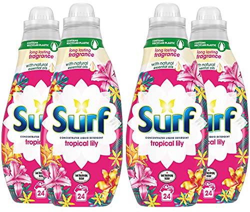 4 Pack of Surf Tropical Lily Concentrated Liquid Detergent 648ml, 24 washes with Long Lasting Fragrance and Natural Essential Oil, For Burst of Uplifting Fragrance
