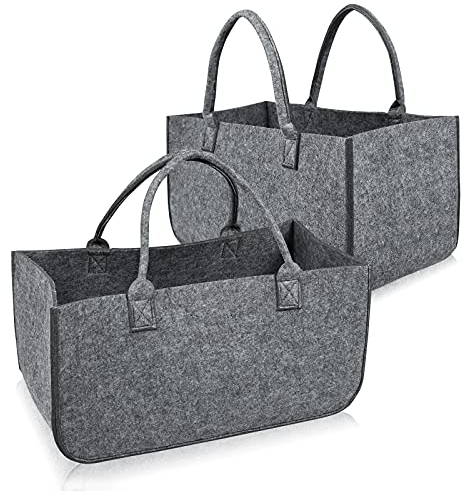 YUENFONG Filztaschen shopper 2 Stück Kaminholztasche Filz für kaminholz, Kaminholzkorb Filztasche Faltbar Tragbarer Filzkorb, mit Henkeln, für Kaminholz Zeitungen, bis 30kg Tragfähigkeit (Grau)