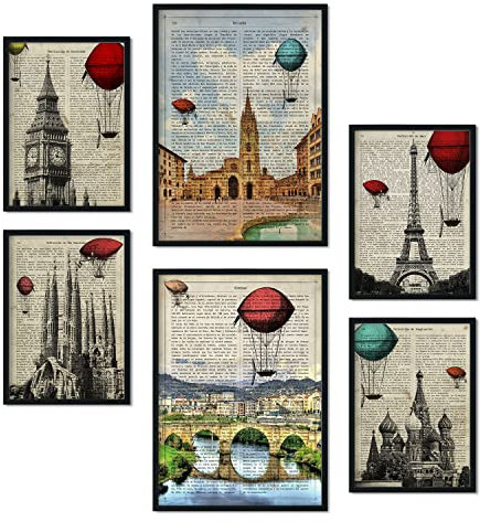 Nacnic Set von 6 Poster von Vintage Cities. Sammlung von Platten mit ästhetischer Collage für Innendekoration. Größen A3 und A4. Mit schwarzem Rahmen.
