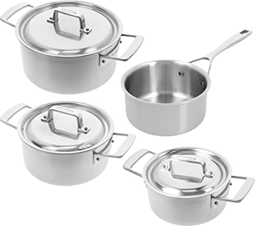 DEMEYERE Batterie de 4 casseroles Essential 5, compatible avec toutes les plaques et plaques à induction, acier inoxydable, 1 casserole et 3 casseroles avec couvercle. Garantie 30 ans