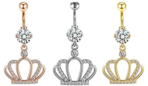 Homxi Bauchnabelpiercing Kit 14G,Bauchnabelpiercing 3er Set Chirurgenstahl Bauchnabelpiercing mit Anhänger Krone mit Zirkonia Weiß Bauchnabelpiercing Trikolore mit Anhäger