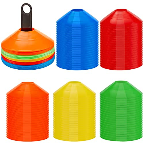 Lewtemi Set of 100 Soccer Disc Cones Sports Training Cones Plastic Multicolor Field Marker with 2 Holder for Football Basketball Lacrosse Tennis Practice Equipment(Mixcolor)
