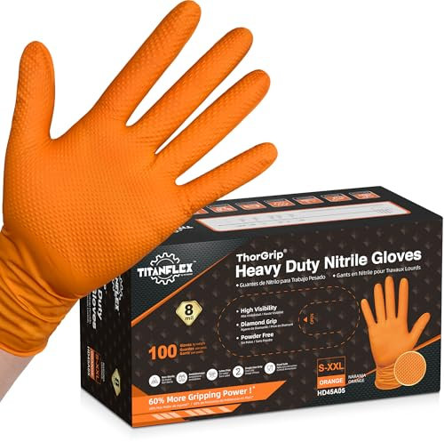 TitanFlex Thor Grip Orange Nitrile Gloves 8 Mil Heavy Duty, Raised Diamond Texture Enhanced Grip, Latex Free & Powder Free for Mechanic Automotive Repair (Box of 100, Medium)