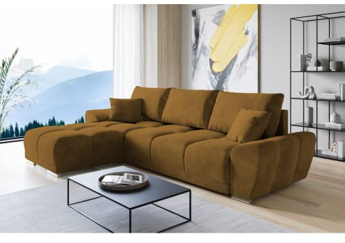 ML Furniture Velvet Ecksofa in L-Form – Senf Sofa – Couch mit Stauraum und Kissen - Ausziehbares Schlafsofa – Sofa mit Schlaffunktion - Schlafsofa mit Bettkasten – Gästebett – 289 x 189 cm