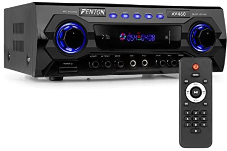 Fenton AV460 Amplificador HiFi Bluetooth 500 W, con USB y reproductor de MP3 SD, 2 entradas de jack de 6,35 mm, ecualizador de sonido, entrada RCA, mando a distancia, ideal para fiestas y karaoke