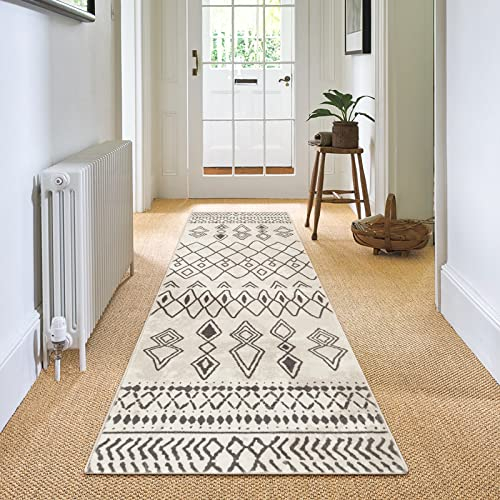 Carvapet Läufer Teppich 60x240cm rutschfest Lang Küchenteppich Waschbar Teppichläufer Weiche Mikrofaser Geometrisch Flächenteppich Laufteppich(Beige)