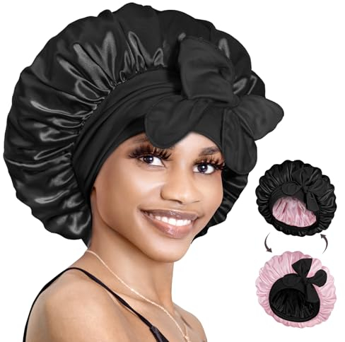 BONNET QUEEN Seidenhaube zum Schlafen mit Haarschutz für Nacht, Doppelseitige Schlafhaube Seide für Lange Haare & Locken, Verstellbare Satin Haarhaube für Damen mit Bindeband, Rosa & Schwarz