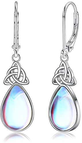 MILACOLATO 925 Silber Ohrringe Für Damen Mädchen, Regenbogen Mondstein Hängend Leverback Creolen Ohrringe, Keltisches Dreieck Tropfen Mondstein Ohrringe Hypoallergener Schmuck SA