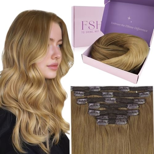 Fshine Extainsons Clips Echthaar 120g 7 Stücke Balayage Schokoladenbraun bis Dirty Blonde Clip in Haarverlängerung Eechthaar Extensions Clip 45cm in der Farbe Ba10 14