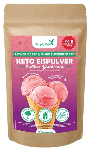 Simply Keto Lower-Carb* Erdbeer Eis Mix - Cremiges Eis ohne Zuckerzusatz mit nur 2,6 g Netto-Kohlenhydrate - ohne Maltit - Glutenfrei, sojafrei & ketogen - für 10 Portionen (100 g)