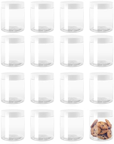 ZEONHEI Tarros de plástico de 500 ml con tapas blancas, paquete de 16 recipientes de plástico transparente recargables de 16 onzas, tarros de especias redondos vacíos a prueba de fugas para hacer