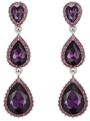 Clearine Pendientes para mujer, preciosos pendientes pequeños a grandes y triples de cristal con lágrima, Cristal, Amatista púrpura tono plateado