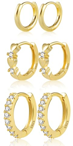 Gold Ohrringe - Kleine Creolen Set für Damen, 3 Paar Huggie Ohrringe mit Zirkonia Steinen für mehrere Piercings