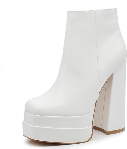 IF Fashion Tronchetti Scarpe da Donna Stivaletti Punta Quadrata Tacco Grosso Plateau Platform AXKK-073 bianco N.39