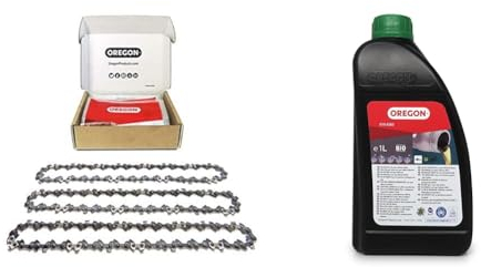 Oregon 3er-Pack Sägekette 3/8 LP für 20 cm Schiene und 1L Bio-Kettenöl - 33 Antriebsglieder, 1.3mm - rückschlagsarme Kette kompatibel mit Bosch, Black & Decker, Ryobi und mehr