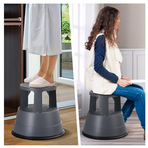 BETTARY Taburete con ruedas, taburete con capacidad de peso de 330 libras, taburete de cocina con plataforma antideslizante para oficina en casa, biblioteca, gris