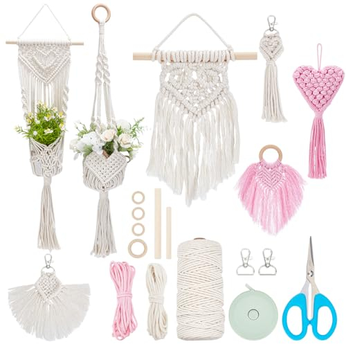 INFUNLY 7 Sets DIY Macrame Kit for Adults Beginners Heart Macrame Wall Hanging Boho Macrame Wristlet Keychain Kit Macrame Plant Hanging Kit with Tassel Instruction for Bedroom Living Room