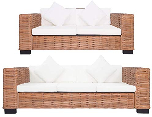 SECOLI Rattan Lounge Sitzgruppe, 2-TLG. Polyrattan Gartenmöbel Set, Natur Rattanmöbel Sofa Set Essgruppe mit Auflagen, 2-Sitzer+3-Sitzer