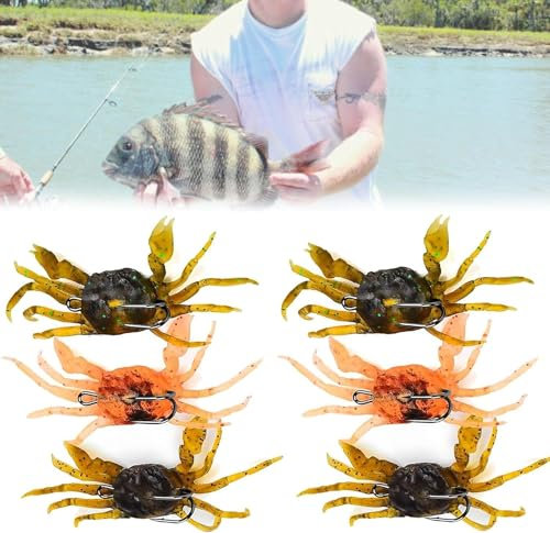 Giurui Esca a granchio, esca morbida a forma di granchio, con doppio gancio appuntito, 6 pezzi