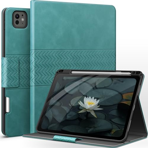AUAUA Funda para iPad Pro 11 Pulgadas (M5/M4) 2025/2024 con Soporte para Lápiz Apple, Compatible Pencil Pro/Pencil USB-C, Función de Auto-Sueño/Estela, Cuero sintético (Verde)