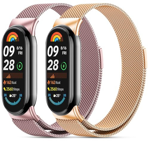 CHANRASI 2 Pezzi Metallo Cinturini Compatibile con xiaomi mi band 8/xiaomi smart band 10/9 Cinturino Donna,Cinturino Maglia Regolabili Magnetiche per xiaomi smart band 10/9/8 Rosa oro rosa