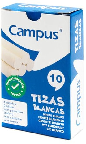 Campus – 10 gessetti bianchi per lavagna, formula senza polvere e facile da pulire, scrittura morbida, perfetti per uso scolastico, scatola da 10 gessetti per lavagna